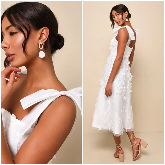 Lulu's Effortlessly Sweet White Tulle 3D Floral Tie-Strap Midi Dress - Picture 2 of 14